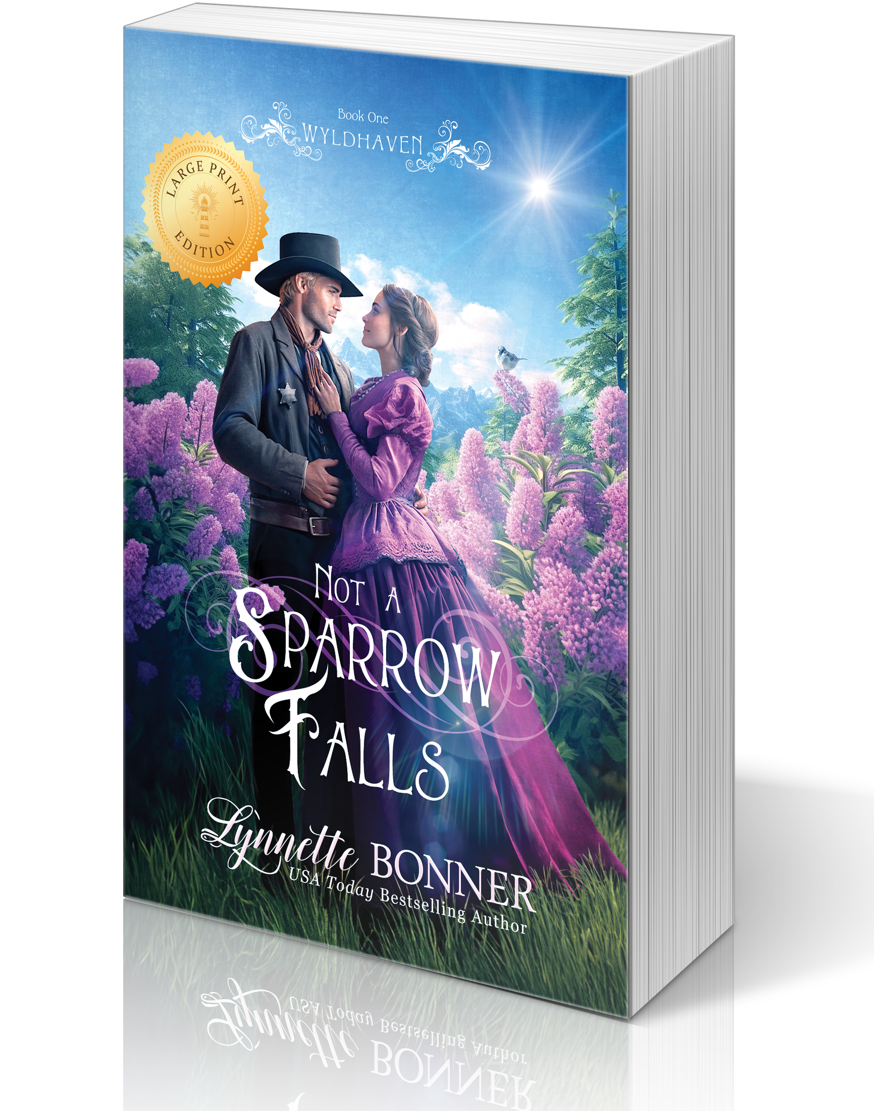 Large Print Cover of Not a Sparrow Falls, a Christian historical Western Romance