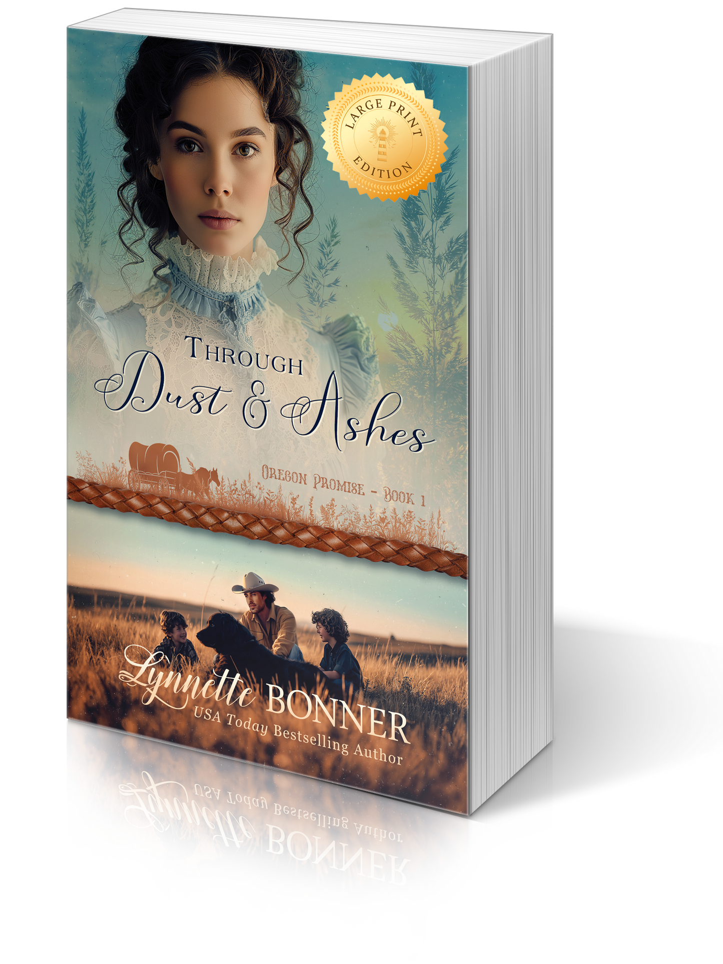 Large Print Cover of Through Dust and Ashes, a Christian historical Western Romance.