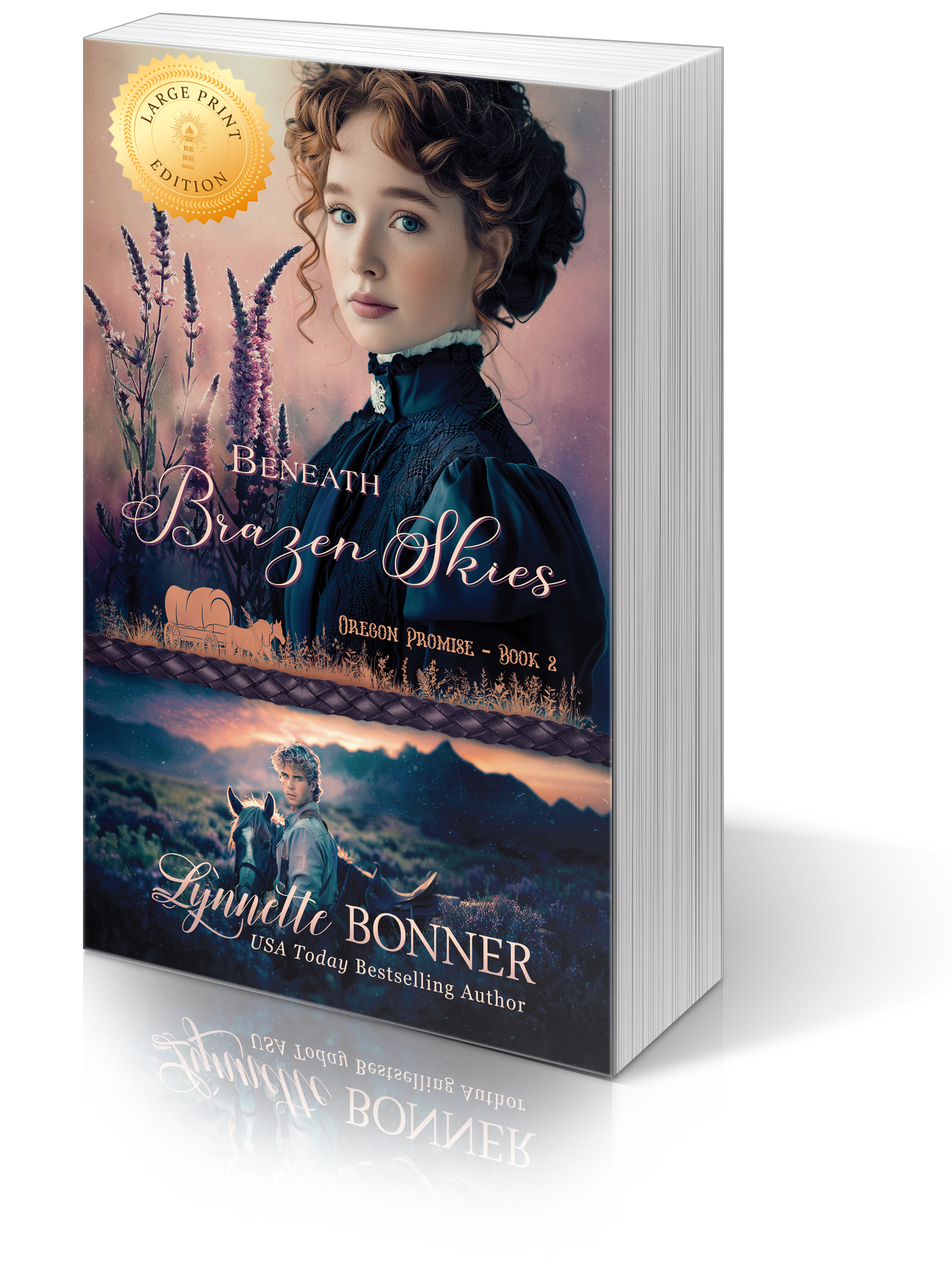 Large Print Cover of Beneath Brazen Skies, a Christian historical Western Romance.