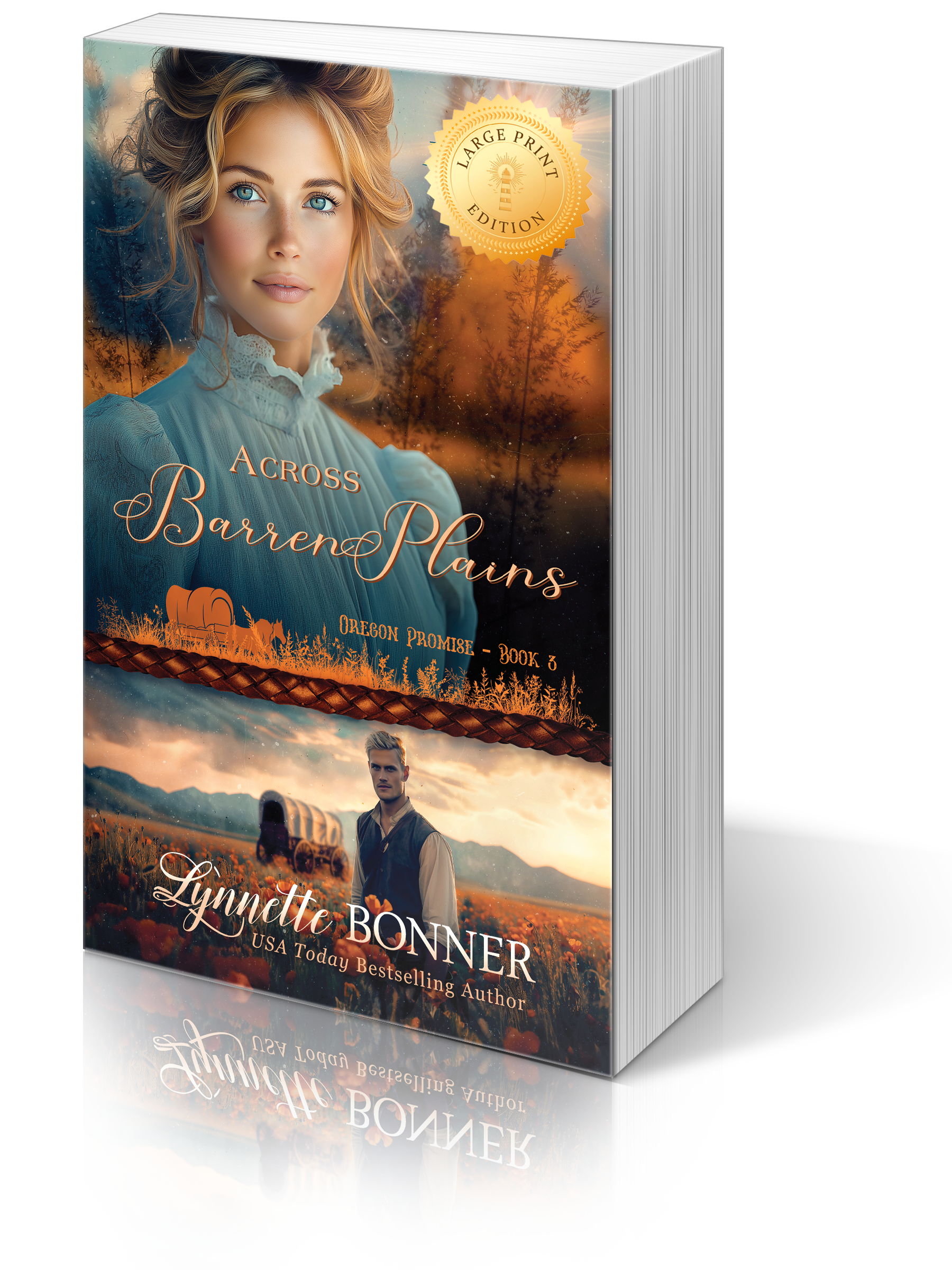 Large Print Cover of Across Barren Plains, a Christian historical Western Romance.
