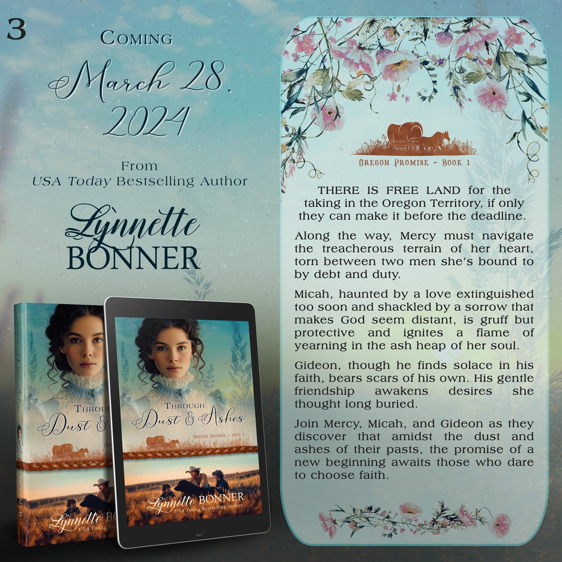 A collage of the book Through Dust and Ashes, a Christian historical Western Romance.