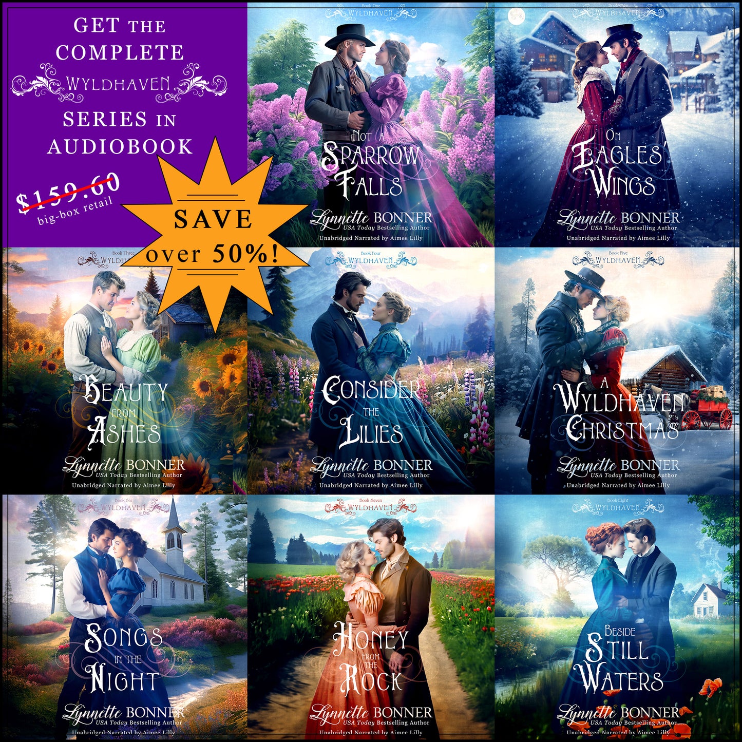 Ad for Audiobook Covers of the Wyldhaven Series, a Christian historical Romance set of 8 audiobooks