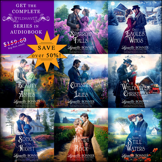 Ad for Audiobook Covers of the Wyldhaven Series, a Christian historical Romance set of 8 audiobooks
