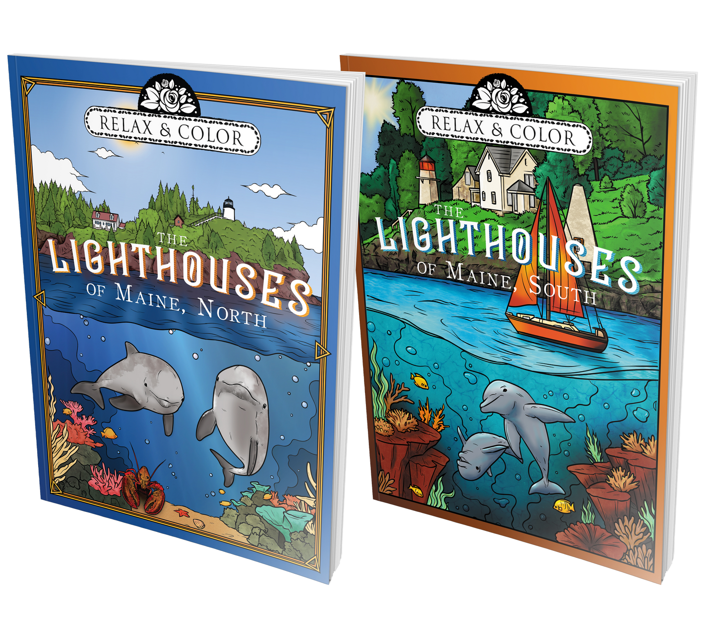 Relax and Color The Lighthouses of Maine, North and South - Paperback Bundle