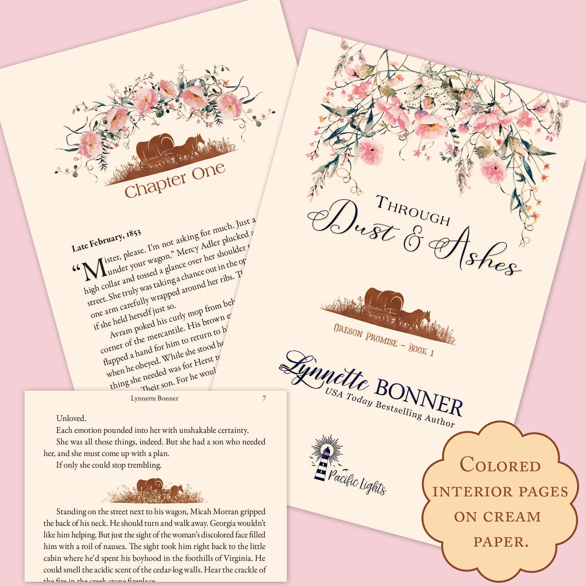 Color Samples of Title Page and Chapter 1 of Through Dust and Ashes, a Christian historical Western Romance