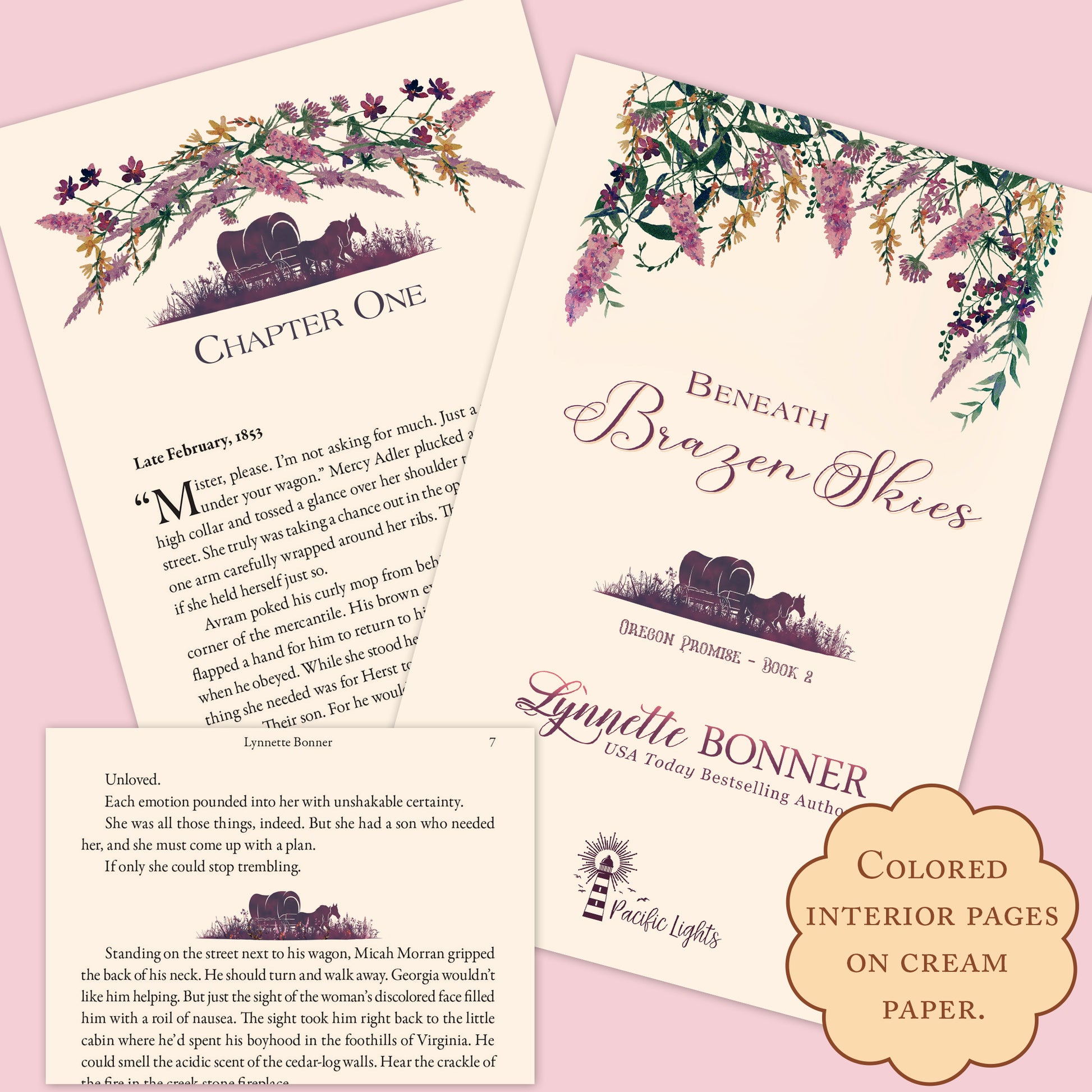 Color Samples of Title Page and Chapter 1 of Beneath Brazen Skies, a Christian historical Western Romance