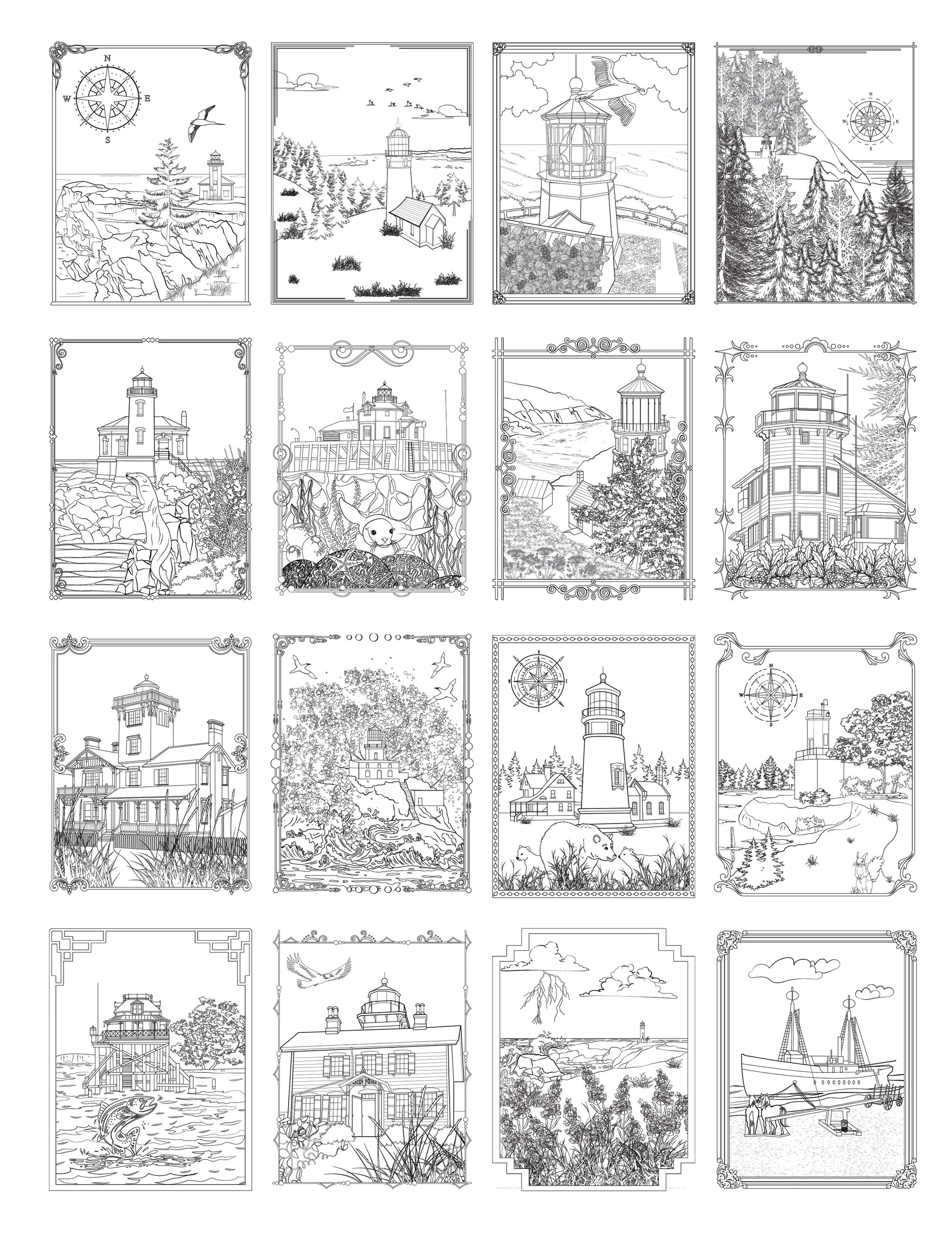Samples of Coloring Pages from The Lighthouses of Oregon - Color Book